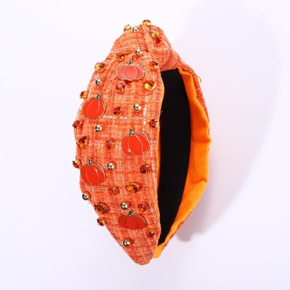 Thanksgiving Headband Women Fall Enamel Pumpkin Beaded Crystal Tweed main image 3